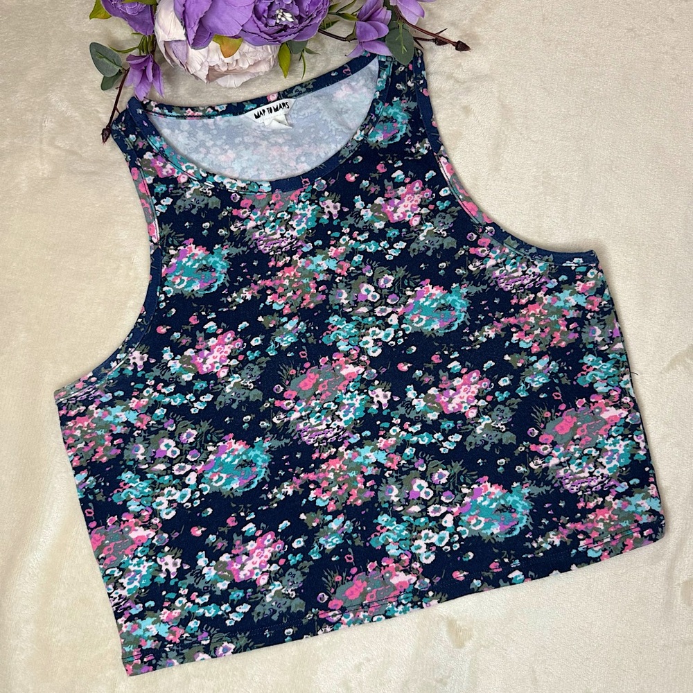Boutique Blue and Pink Floral Print Crop Top
